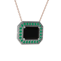 Esinti Dikdörtgen Kolye - Siyah zirkon ve kök zümrüt 18 ayar beyaz altın kolye (40 cm rose altın rolo zincir) #mosyx1