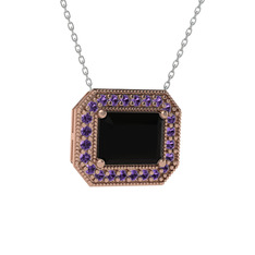 Esinti Dikdörtgen Kolye - Siyah zirkon ve ametist 18 ayar rose altın kolye (40 cm beyaz altın rolo zincir) #mp1210