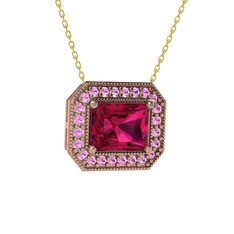 Esinti Dikdörtgen Kolye - Rodolit garnet ve pembe kuvars 18 ayar rose altın kolye (40 cm gümüş rolo zincir) #mx68dk