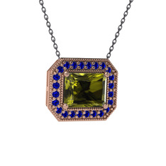 Peridot ve lab safir 925 ayar rose altın kaplama gümüş kolye (40 cm gümüş rolo zincir)
