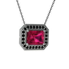 Rodolit garnet ve siyah zirkon 14 ayar beyaz altın kolye (40 cm gümüş rolo zincir)