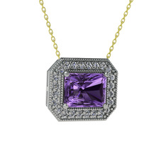 Ametist ve swarovski 14 ayar beyaz altın kolye (40 cm gümüş rolo zincir)