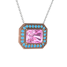 Pembe kuvars ve akuamarin 925 ayar rose altın kaplama gümüş kolye (40 cm gümüş rolo zincir)