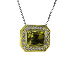Esinti Dikdörtgen Kolye - Peridot ve pırlanta 8 ayar altın kolye (0.253 karat, 40 cm gümüş rolo zincir) #nkzxql