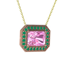 Pembe kuvars ve kök zümrüt 18 ayar rose altın kolye (40 cm altın rolo zincir)