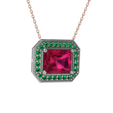 Esinti Dikdörtgen Kolye - Rodolit garnet ve yeşil kuvars 18 ayar beyaz altın kolye (40 cm rose altın rolo zincir) #nxq02w