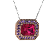 Rodolit garnet ve ametist 8 ayar rose altın kolye (40 cm beyaz altın rolo zincir)