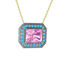 Esinti Dikdörtgen Kolye - Pembe kuvars ve akuamarin 8 ayar beyaz altın kolye (40 cm gümüş rolo zincir) #o5jeno