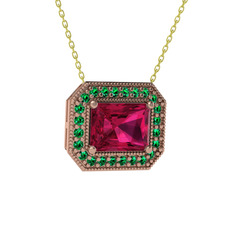 Esinti Dikdörtgen Kolye - Rodolit garnet ve yeşil kuvars 8 ayar rose altın kolye (40 cm gümüş rolo zincir) #o60vhc