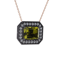 Peridot ve pırlanta 925 ayar siyah rodyum kaplama gümüş kolye (0.253 karat, 40 cm gümüş rolo zincir)