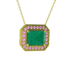 Esinti Dikdörtgen Kolye - Kök zümrüt ve pembe kuvars 925 ayar altın kaplama gümüş kolye (40 cm gümüş rolo zincir) #od5zve
