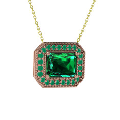 Yeşil kuvars ve kök zümrüt 14 ayar rose altın kolye (40 cm altın rolo zincir)