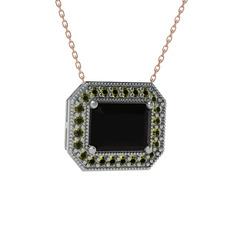 Esinti Dikdörtgen Kolye - Siyah zirkon ve peridot 18 ayar beyaz altın kolye (40 cm rose altın rolo zincir) #oxcorn
