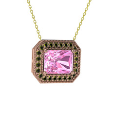 Pembe kuvars ve peridot 18 ayar rose altın kolye (40 cm altın rolo zincir)