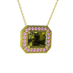 Peridot ve pembe kuvars 8 ayar altın kolye (40 cm altın rolo zincir)