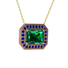 Esinti Dikdörtgen Kolye - Yeşil kuvars ve lab safir 8 ayar rose altın kolye (40 cm altın rolo zincir) #pzp6qy