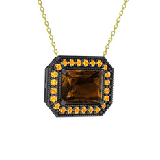 Esinti Dikdörtgen Kolye - Dumanlı kuvars ve sitrin 925 ayar siyah rodyum kaplama gümüş kolye (40 cm altın rolo zincir) #q35y7r