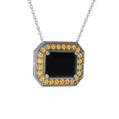 Esinti Dikdörtgen Kolye - Siyah zirkon ve sitrin 14 ayar beyaz altın kolye (40 cm beyaz altın rolo zincir) #q6ruey