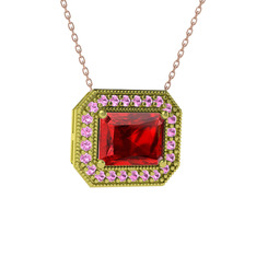 Garnet ve pembe kuvars 18 ayar altın kolye (40 cm rose altın rolo zincir)