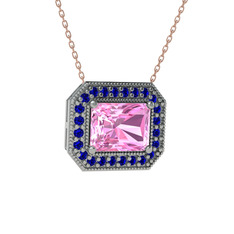 Esinti Dikdörtgen Kolye - Pembe kuvars ve lab safir 8 ayar beyaz altın kolye (40 cm rose altın rolo zincir) #qo8ev5