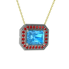 Akuamarin ve garnet 18 ayar beyaz altın kolye (40 cm altın rolo zincir)