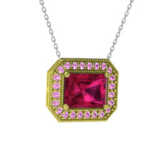 Esinti Dikdörtgen Kolye - Rodolit garnet ve pembe kuvars 14 ayar altın kolye (40 cm gümüş rolo zincir) #qtqm0b