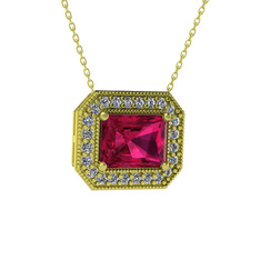 Esinti Dikdörtgen Kolye - Rodolit garnet ve pırlanta 14 ayar altın kolye (0.253 karat, 40 cm altın rolo zincir) #quknlq