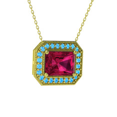 Rodolit garnet ve akuamarin 14 ayar altın kolye (40 cm altın rolo zincir)