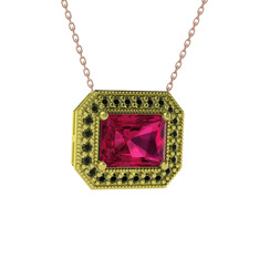 Esinti Dikdörtgen Kolye - Rodolit garnet ve peridot 18 ayar altın kolye (40 cm rose altın rolo zincir) #r97f53