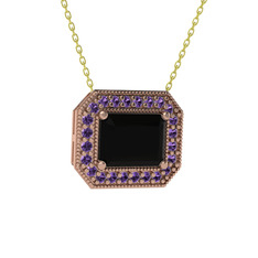 Esinti Dikdörtgen Kolye - Siyah zirkon ve ametist 18 ayar rose altın kolye (40 cm altın rolo zincir) #rf1une