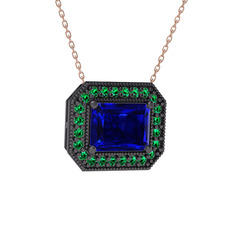 Esinti Dikdörtgen Kolye - Lab safir ve yeşil kuvars 925 ayar siyah rodyum kaplama gümüş kolye (40 cm rose altın rolo zincir) #rjbcg3