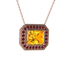 Esinti Dikdörtgen Kolye - Sitrin ve kök yakut 8 ayar rose altın kolye (40 cm rose altın rolo zincir) #ru2c0h