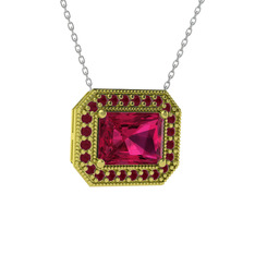 Esinti Dikdörtgen Kolye - Rodolit garnet ve kök yakut 14 ayar altın kolye (40 cm beyaz altın rolo zincir) #rxdxrs