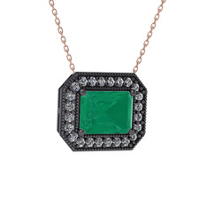 Esinti Dikdörtgen Kolye - Kök zümrüt ve swarovski 925 ayar siyah rodyum kaplama gümüş kolye (40 cm rose altın rolo zincir) #s2sfei