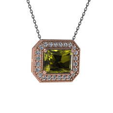 Peridot ve pırlanta 18 ayar rose altın kolye (0.253 karat, 40 cm gümüş rolo zincir)