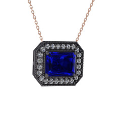 Esinti Dikdörtgen Kolye - Lab safir ve swarovski 925 ayar siyah rodyum kaplama gümüş kolye (40 cm rose altın rolo zincir) #stb0sy