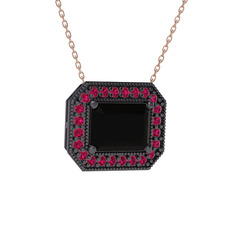 Esinti Dikdörtgen Kolye - Siyah zirkon ve rodolit garnet 925 ayar siyah rodyum kaplama gümüş kolye (40 cm rose altın rolo zincir) #stx2ak