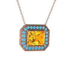 Esinti Dikdörtgen Kolye - Sitrin ve akuamarin 8 ayar rose altın kolye (40 cm rose altın rolo zincir) #tk0lqr