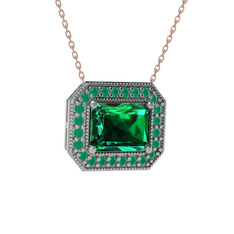 Esinti Dikdörtgen Kolye - Yeşil kuvars ve kök zümrüt 18 ayar beyaz altın kolye (40 cm rose altın rolo zincir) #txufe3