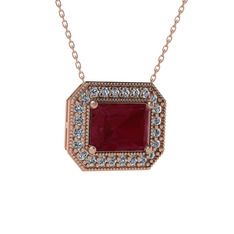 Esinti Dikdörtgen Kolye - Kök yakut ve beyaz zirkon 18 ayar rose altın kolye (40 cm rose altın rolo zincir) #u715qw