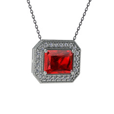 Esinti Dikdörtgen Kolye - Garnet ve pırlanta 18 ayar beyaz altın kolye (0.253 karat, 40 cm gümüş rolo zincir) #u9kx44