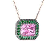 Esinti Dikdörtgen Kolye - Pembe kuvars ve yeşil kuvars 14 ayar beyaz altın kolye (40 cm rose altın rolo zincir) #uge69