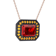 Garnet ve sitrin 925 ayar siyah rodyum kaplama gümüş kolye (40 cm rose altın rolo zincir)