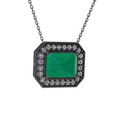 Esinti Dikdörtgen Kolye - Kök zümrüt ve pırlanta 925 ayar siyah rodyum kaplama gümüş kolye (0.253 karat, 40 cm gümüş rolo zincir) #unfhr4