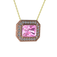 Pembe kuvars ve pırlanta 8 ayar rose altın kolye (0.253 karat, 40 cm gümüş rolo zincir)