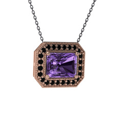 Esinti Dikdörtgen Kolye - Ametist ve siyah zirkon 925 ayar rose altın kaplama gümüş kolye (40 cm gümüş rolo zincir) #usa8pf