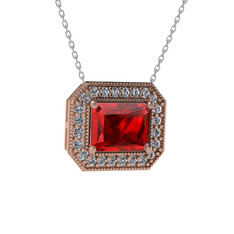 Esinti Dikdörtgen Kolye - Garnet ve pırlanta 14 ayar rose altın kolye (0.253 karat, 40 cm beyaz altın rolo zincir) #uugtgl