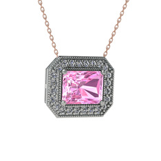 Esinti Dikdörtgen Kolye - Pembe kuvars ve swarovski 18 ayar beyaz altın kolye (40 cm gümüş rolo zincir) #v5bynh