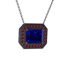 Esinti Dikdörtgen Kolye - Lab safir ve kök yakut 925 ayar siyah rodyum kaplama gümüş kolye (40 cm gümüş rolo zincir) #vbk5tw