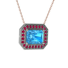 Akuamarin ve rodolit garnet 18 ayar beyaz altın kolye (40 cm rose altın rolo zincir)